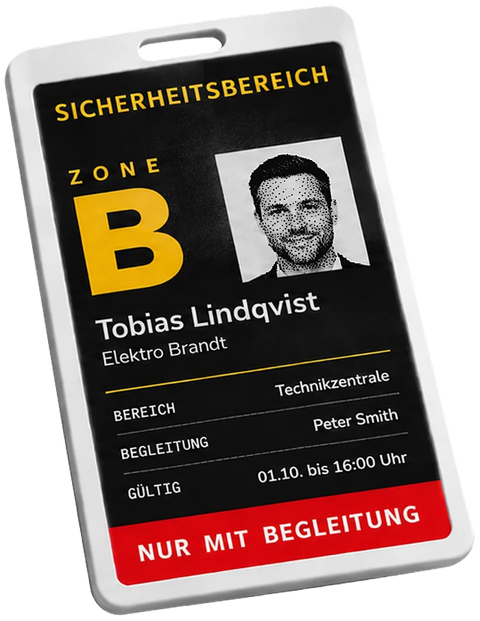 Mitarbeiterausweis für Sicherheitsbereiche auf einem eBadge mit Foto, Zone und Begleitpflicht